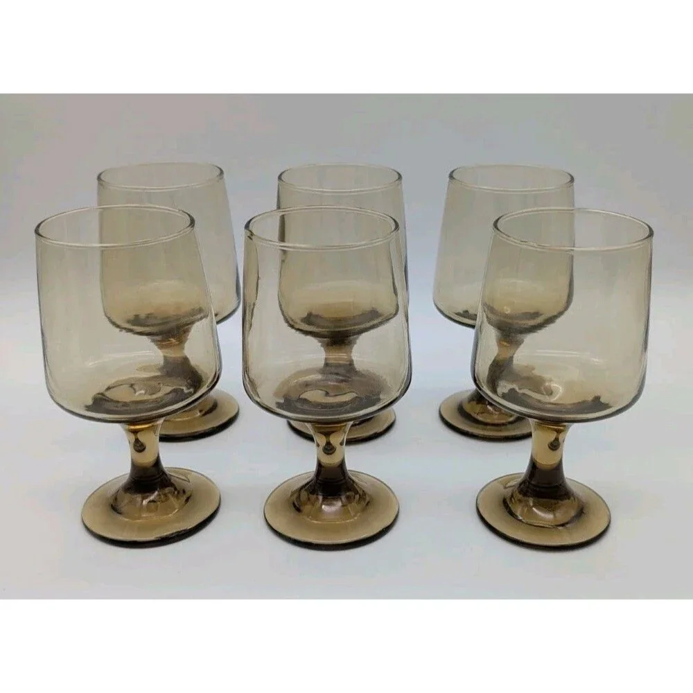 6 Libbey Tawny Accent Wine Glass Set Vintage Smoke Brown Retro Bar Stemware Lot
